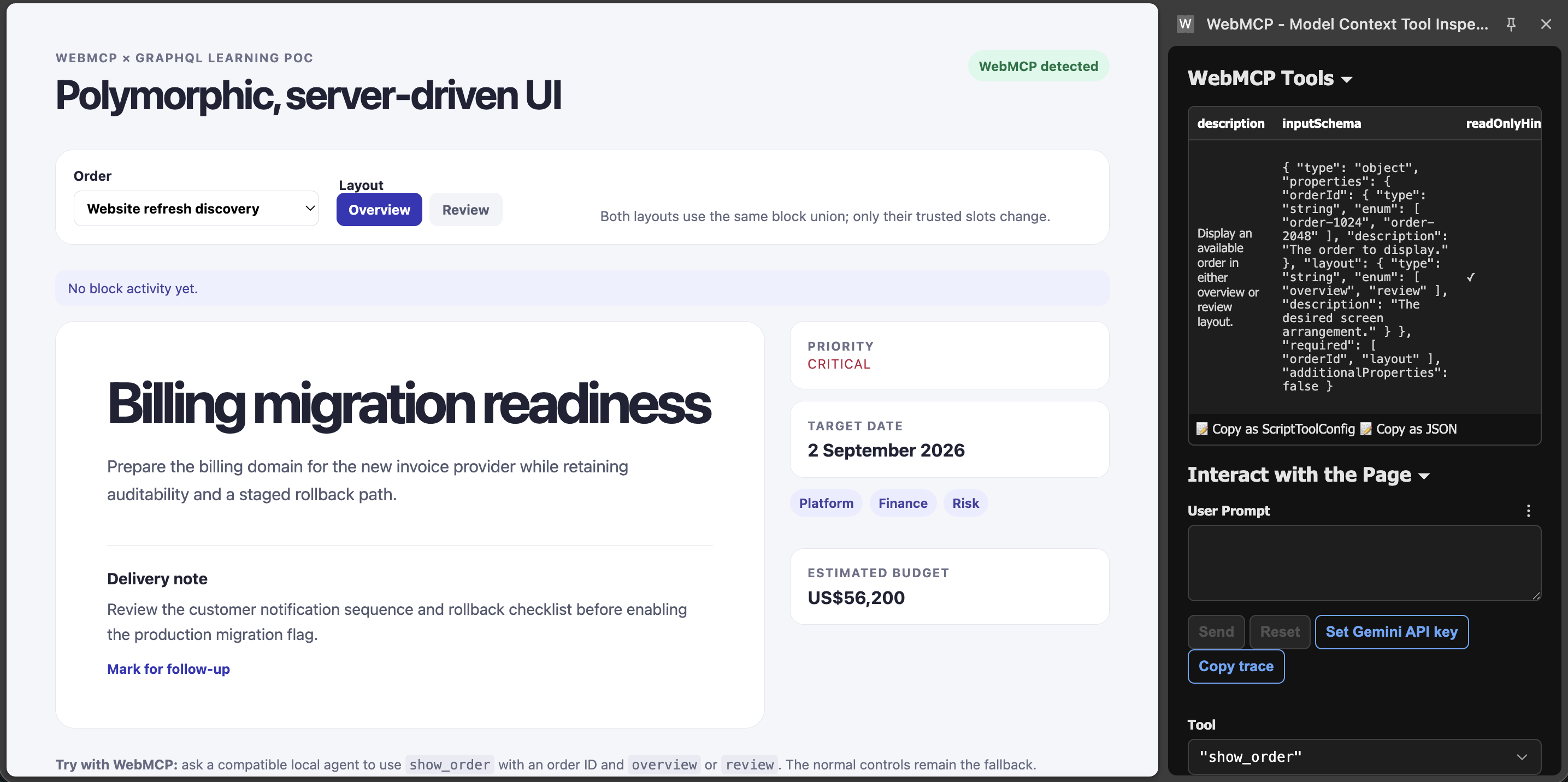 The polymorphic server-driven UI prototype beside the WebMCP Tool Inspector, which displays the show_order tool's description, constrained input schema, and read-only hint.